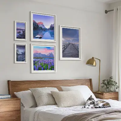 Set de 5 cuadros para salón con paisajes de montaña y costeros