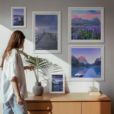 Set de 5 cuadros para salón con paisajes de montaña y costeros