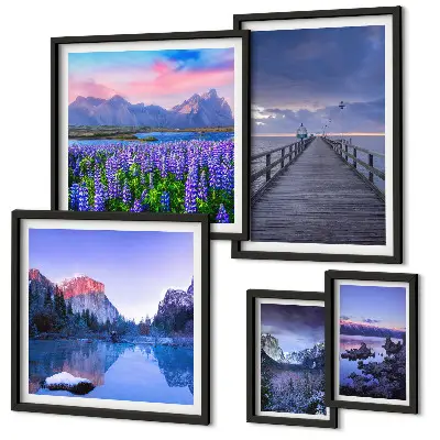 Set de 5 cuadros para salón con paisajes de montaña y costeros