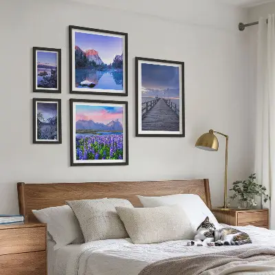 Set de 5 cuadros para salón con paisajes de montaña y costeros