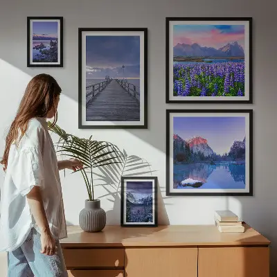 Set de 5 cuadros para salón con paisajes de montaña y costeros
