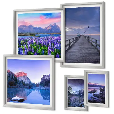 Set de 5 cuadros para salón con paisajes de montaña y costeros