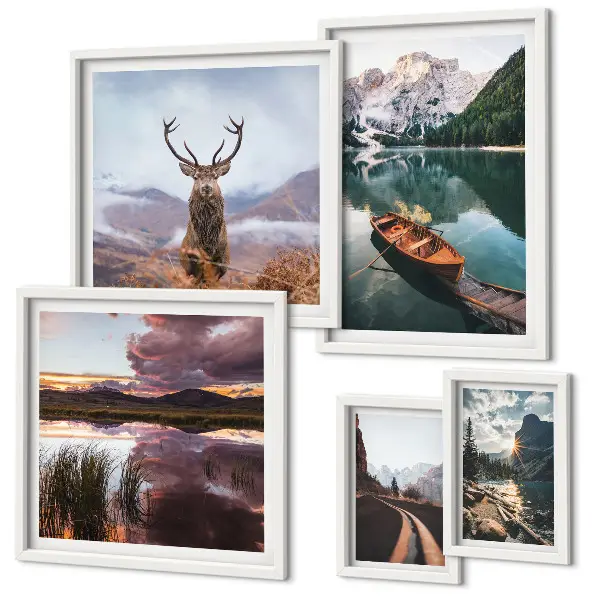 Set de 5 cuadros para salón con motivos de paisajes de montañas y lagos en la naturaleza