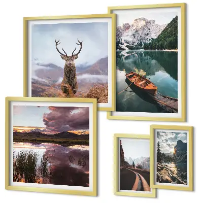 Set de 5 cuadros para salón con motivos de paisajes de montañas y lagos en la naturaleza