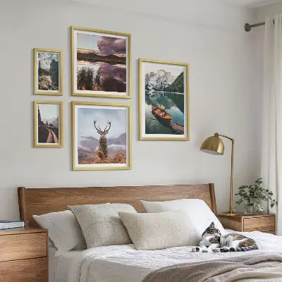 Set de 5 cuadros para salón con motivos de paisajes de montañas y lagos en la naturaleza