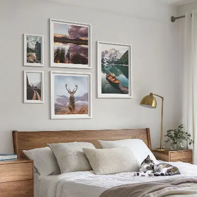 Set de 5 cuadros para salón con motivos de paisajes de montañas y lagos en la naturaleza