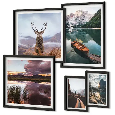 Set de 5 cuadros para salón con motivos de paisajes de montañas y lagos en la naturaleza