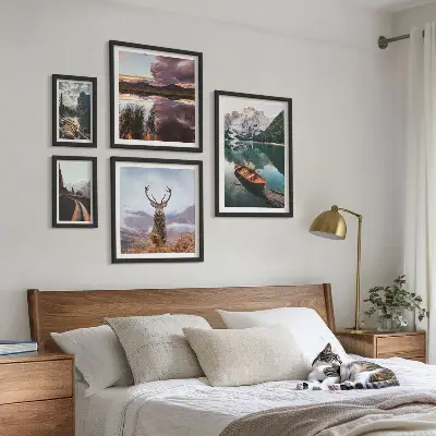Set de 5 cuadros para salón con motivos de paisajes de montañas y lagos en la naturaleza