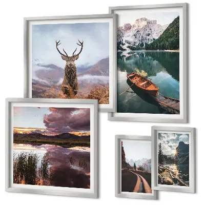 Set de 5 cuadros para salón con motivos de paisajes de montañas y lagos en la naturaleza