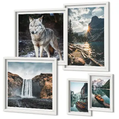Pared galería de arte con paisajes naturales y fauna silvestre