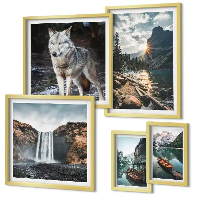 Pared galería de arte con paisajes naturales y fauna silvestre
