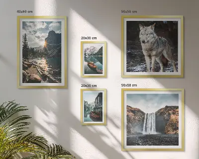 Pared galería de arte con paisajes naturales y fauna silvestre