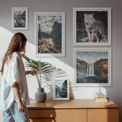 Pared galería de arte con paisajes naturales y fauna silvestre