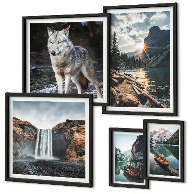 Pared galería de arte con paisajes naturales y fauna silvestre