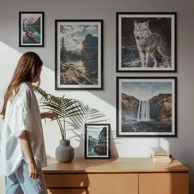 Pared galería de arte con paisajes naturales y fauna silvestre