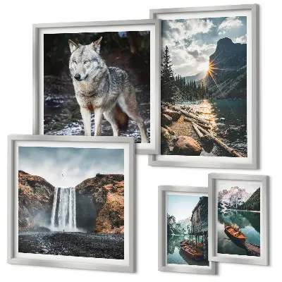 Pared galería de arte con paisajes naturales y fauna silvestre