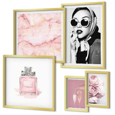 Set de 5 cuadros para salón con detalles elegantes en color rosa