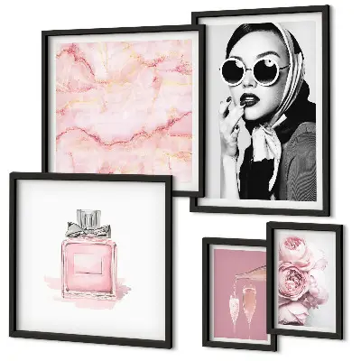 Set de 5 cuadros para salón con detalles elegantes en color rosa