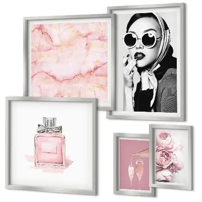 Set de 5 cuadros para salón con detalles elegantes en color rosa