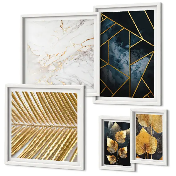 Set de 5 cuadros decorativos para salón con diseño de hojas elegantes y figuras geométricas