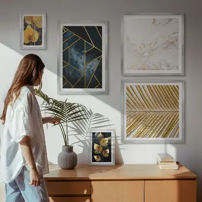 Set de 5 cuadros decorativos para salón con diseño de hojas elegantes y figuras geométricas