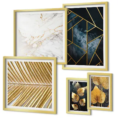 Set de 5 cuadros decorativos para salón con diseño de hojas elegantes y figuras geométricas