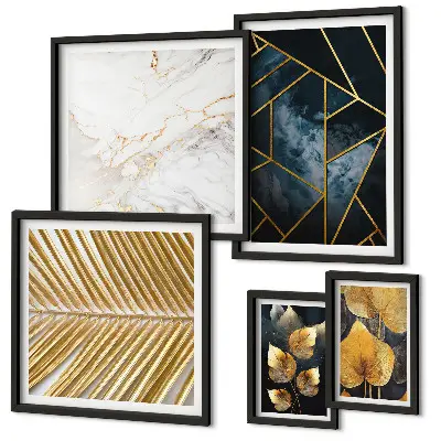 Set de 5 cuadros decorativos para salón con diseño de hojas elegantes y figuras geométricas