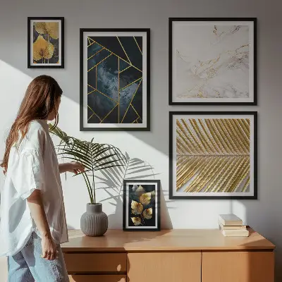 Set de 5 cuadros decorativos para salón con diseño de hojas elegantes y figuras geométricas