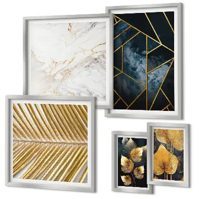 Set de 5 cuadros decorativos para salón con diseño de hojas elegantes y figuras geométricas