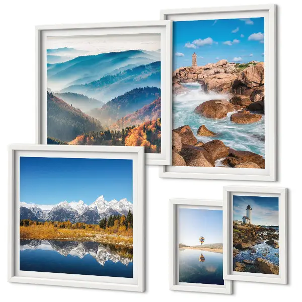 Conjunto de cuadros decorativos con paisajes de montañas, mar y faros