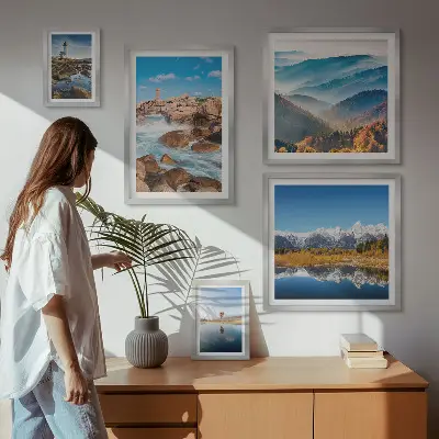 Conjunto de cuadros decorativos con paisajes de montañas, mar y faros