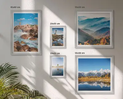Conjunto de cuadros decorativos con paisajes de montañas, mar y faros