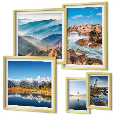 Conjunto de cuadros decorativos con paisajes de montañas, mar y faros