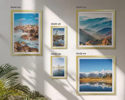 Conjunto de cuadros decorativos con paisajes de montañas, mar y faros
