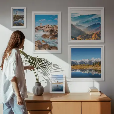 Conjunto de cuadros decorativos con paisajes de montañas, mar y faros