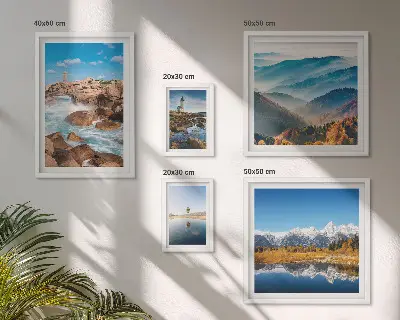 Conjunto de cuadros decorativos con paisajes de montañas, mar y faros