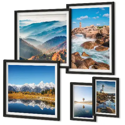 Conjunto de cuadros decorativos con paisajes de montañas, mar y faros