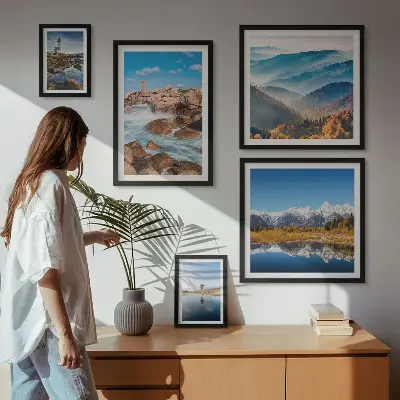 Conjunto de cuadros decorativos con paisajes de montañas, mar y faros