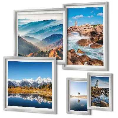 Conjunto de cuadros decorativos con paisajes de montañas, mar y faros