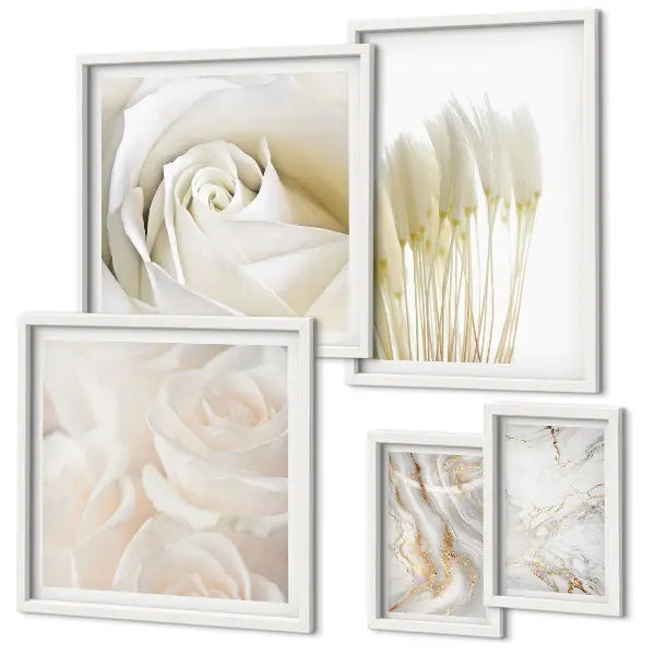 Set de 5 cuadros para salón con diseño de detalles en mármol rosa y blanco