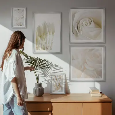 Set de 5 cuadros para salón con diseño de detalles en mármol rosa y blanco