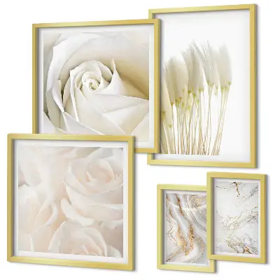 Set de 5 cuadros para salón con diseño de detalles en mármol rosa y blanco