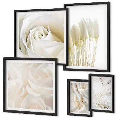 Set de 5 cuadros para salón con diseño de detalles en mármol rosa y blanco