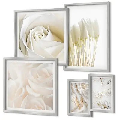 Set de 5 cuadros para salón con diseño de detalles en mármol rosa y blanco