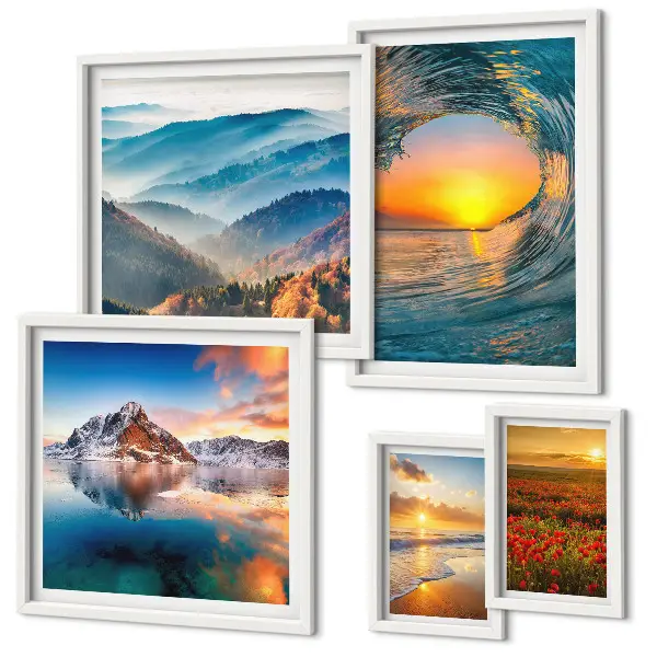 Set de 5 cuadros para salón con paisajes naturales de mar montañas y flores