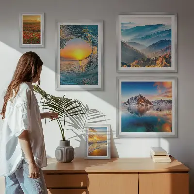 Set de 5 cuadros para salón con paisajes naturales de mar montañas y flores