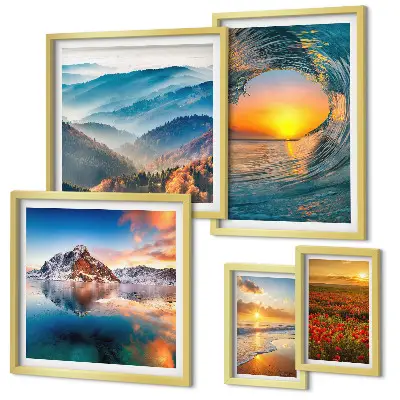 Set de 5 cuadros para salón con paisajes naturales de mar montañas y flores