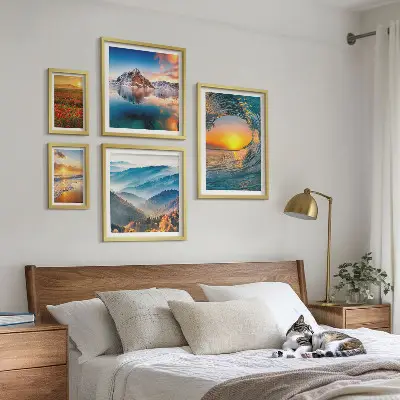 Set de 5 cuadros para salón con paisajes naturales de mar montañas y flores