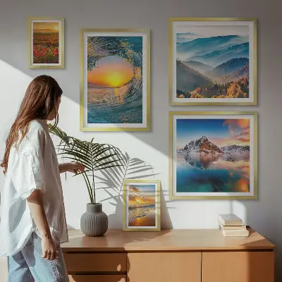 Set de 5 cuadros para salón con paisajes naturales de mar montañas y flores