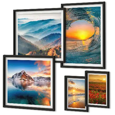 Set de 5 cuadros para salón con paisajes naturales de mar montañas y flores